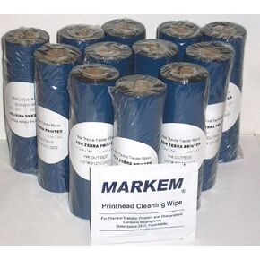 12-Pack Zebra Compatible Standard Resin-Enhanced Wax 110mm x 74m (4.33" x 244') Black Thermal Transfer Printer Ribbon w/PH Cleaner.