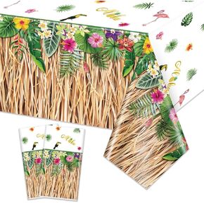 4 Pack Hawaiian Luau Grass Tablecloths, Hawaii Luau Table Skirt Party Decorations, Tropical Palm Tablecover for Summer Beach BBQ Tropical Ahola Party Baby Shower, 86 x 51in (4)