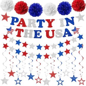 Fourth of July Patriotic Decorations Set,Red White Blue Glitter Banner,Star Hang Swirls,Star Streamer,Pom Poms for Fourth of July Memorial Day Party Decor Supplies