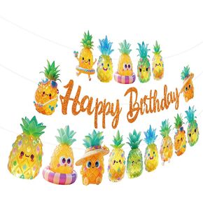 Pineapple Party Banners 4Pcs Happy Birthday Summer Tropical Fruit Banners for Hawaii Summer Luau Aloha Baby Shower Birthday Party Supplies