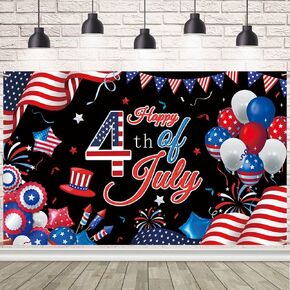 4th of July Banner Happy 4th of July USA Banner Memorial Patriotic Decorations for Independence Day Party Supplies Patriotic Theme Backdrop Poster for Indoor Outdoor Decor 70.8 x 43.3 inch Black