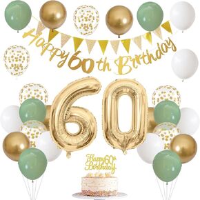 Sage Green White Gold 70th Birthday Balloons with Happy 70th Banner, Cake Decoration Number 70 Balloon for 70 Year Old Party Decor