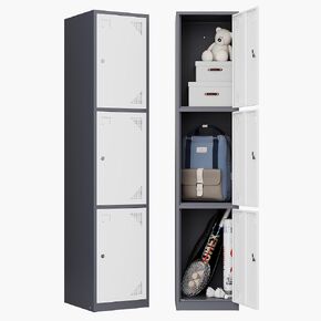 Metal Locker for Employees 71" Tall 3 Doors Tall Steel Storage Cabinet for School Office Gym Home Staff Sundries Room(Grey White)