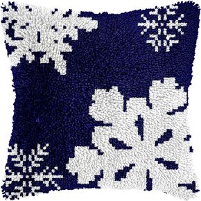 Merry Christmas Snowflake Navy Blue Latch Hook Kits Pillow DIY Crochet Yarn Printed Pillowcase Needlework Hook and Latch Kit Cushion Cover Christmas Home Sofa Decoration 43x43cm(1)