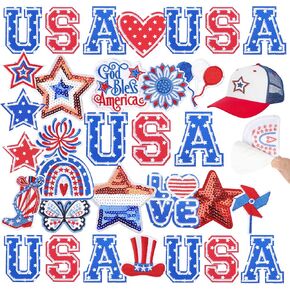 Self-Adhesive Hats Patches for Independence Day: Meneng 32PCS USA Letter Embroidered Patches - Patriotic Theme Patch for Clothing Shirts Jackets Jeans DIY Crafts