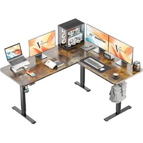 63 x 55 inch Electric Corner Desk L Shaped Standing Desk Adjustable Height with 4 Memory Preset, 2 Headphone Hook, Home Office Desk, Rustic Brown