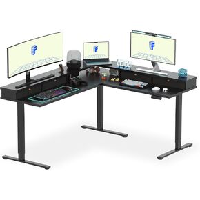 FLEXISPOT 71'' Large L Shaped Standing Desk Electric Corner Table with Shelf, 4 Storage Drawers, Adjustable Computer Workstation for Home, Office, Game, Studio, Black Top + Black Frame
