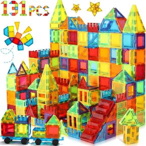 Magnetic Tiles, 131PCS Magnetic Blocks with 2 Cars, Learning Magnetic Building Blocks Sets, Educational Magnets Tiles Toys for Boys Girls Kids Ages 3 4 5 6 7 8 9+ Year Old
