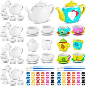 90 Pcs Spring Paint Your Own Tea Set Craft DIY Mini Tea Kit for Kids Ages 8+ Adorable Ceramic Tea Cups to Paint Including Porcelain Dishes Paint Brush for Party Girls Boys Set