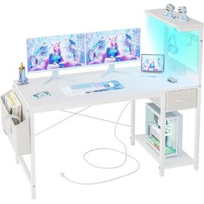 TIQLAB Gaming Desk 55 inch with Power Outlet and LED Light, Computer Desk with Reversible Shelves and Storage Drawer, Small PC Desk for Home Office Table with Bag, Carbon Fiber Pink