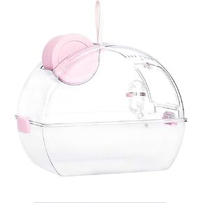 Small Portable Hamster Cages,13×8.2×10.8 Inch Hamster Carrier with Water Bottle,Dwarf Hamster Travel Cage with Storage Box,360º Transparent Acrylic Pet Travel Carrier Cage,Outdoor Animals Carry(Pink)