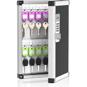 24 Slots Lock Box for Keys Wall Mount, Locking Key Cabinet, Key Storage Box with Key Hooks & Tags & Lables, 8.45" x 2.55" x 13" (Black-Key Lock, 24 Keys)