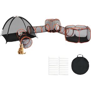 VINGLI Cat Tunnel, Outdoor Cat Enclosure, Large Catio, Outdoor Tunnels for Kittens with Storage Bag (Black&Orange, 6 in 1)