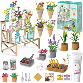 Make It Miniature Botanicals Collectibles Playset, Paper Flower Bouquet DIY Crafts, Mini Plants, Bonsai, Potted, Succulent, Garden, Farm, Wooden Stand for Display, Collectors, Toy Gift, 6+, 70 Pcs