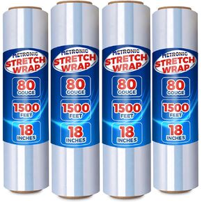 Metronic Stretch Wrap Roll 18" x 1500 Ft 80 Gauge Heavy Duty Plastic Packing Wrap for Pallet Wrapping Shipping Moving Clear Industrial Shrink Film Surface Protection Furniture Packing, 4 Pack