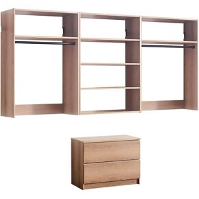 Devi Series 31.5-94.5in. W Oak Modular Closet System Wall Mount Double Hanging Rods 6-Shelf Wood Closet System