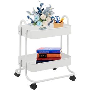 2 Tier Metal Mesh Utility Rolling Cart Storage Organizer with Lockable Wheels for Office Kitchen Living Room Laundry Bathroom White