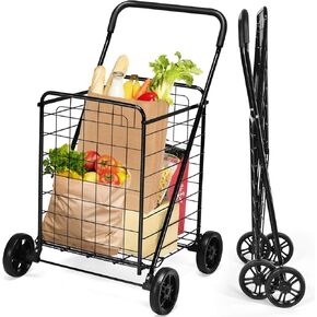 Goplus Shopping Carts for Groceries, Heavy Duty Folding Shopping Cart with Wheels, Portable Collapsible Grocery Cart, Light Weight Foldable Utility Cart for Laundry