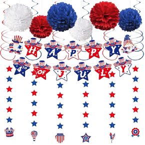 31Pcs 4th of July Party Decorations, Red White and Blue Decor Set with Banner, Hanging Swirls, Pom Poms & Star Streamers,Patriotic Decorations for Independence Day Outdoor Home Office Mantel