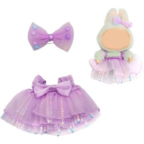 Doll Dress Outfit for 13cm Dolls, Kawaii Purple Sequin Gauze Skirt with Bow Clip Luxury Dolls Clothes Accessories for Unique Style (No Doll Included)