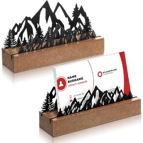 2 Pcs Mountain Business Card Holders for Desk, Wood&Metal Black Mountain Range Forest Silhouette Business Card Display Stand for Home Office