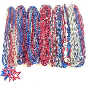 108 Pcs 4th of July Beads Necklaces Independence Day Red Blue Silver Bead Necklaces Fourth of July Patriotic Parade Party Celebration Decorations