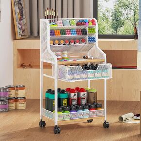 Rolling Craft Cart with Drawer, White Craft Organizer and Storage, Metal Storage Cart with Lockable Wheels, 6 Tiers Paint Organizer for Art Supplies, Store for Brushes Paints Artifacts Small Parts