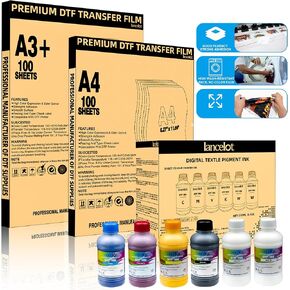 Lancelot DTF Ink 250MLx6，A4 A3+ Durable DTF Film for DTF Printer, Epson Printers Epson ET-8550, XP-15000, L1800, L805, R1390, R2400,XP600 for Heat Transfer Printing (DTF Ink:100mlx6,A4:100PCS,A3+ Film