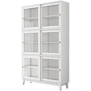 Bookcase Shelf Home Bookcase with Glass Door Sliding Cabinet Locker Display Cabinet Floor Bookshelf Suitable for Living Room Study Office Bookshelf with Storage(White,Medium)