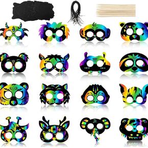 starfa lab 16 Pieces Scratch Art Animal Masks Kit with Wooden Stylus - Rainbow Party Crafts for Activities, Jungle Theme Birthday&Summer DIY Projects