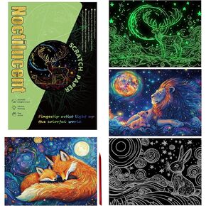 Glow in The Dark Scratch Art Paper,4 Sheets Rainbow Noctilucent Scratch Painting Kit for Adults & Teens,DIY Art Craft (Starry Animals)