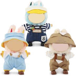 3 Sets 17cm Clothes for Labubu Doll , Doll Clothing & Accessories Set with Hat *3, Overalls*3, Shoes *3 (No Doll)