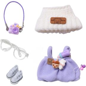 5 Piece Set 15cm 17cm Clothes for Dolls Outfit Suitable for 17cm Dolls Accessories Sitting 1hat+1romper+1Camera Backpack+1Glasses+1Canvas Shoes,No Doll Included (Pink)