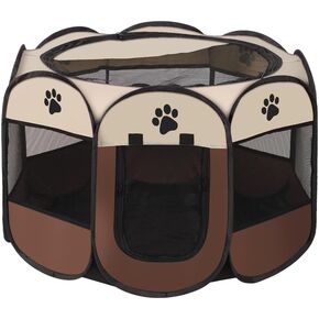 Foldable Pet Playpen with Storage Bag - Heavy-Duty Dog Playpen with Cover, Escape-Proof Kitten Cage & Portable Puppy Pen for Indoor/Outdoor Use (M,Brown)