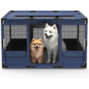 Dog Playpen, 43x43x26 Inches Puppy Playpen Portable Pet Play Pen Indoors with Cover and Gate, Tear Resistant Thickened Fabric Waterproof Bottom Breathable Mesh Dog Fence for Indoor&Outdoor, Blue Black