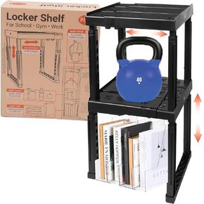 Locker Organizer Shelf， Adjustable Width and Height, Stackable, Ideal Locker Shelf for School, Office, Gym Lockers, or Even Kitchen Cabinets & Under Sink Organization (Black 1 Pack)