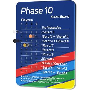 Mini Phase 10 Score Board, Travel Edition Acrylic Scoreboard for Phase 10 Card Game with 4 Colored Cribbage Pegs, Fun Board Card Games Accessories