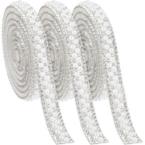 3 Rolls Pearl Rhinestone Ribbon Self Adhesive Pearl Crystal Strips Sticker Bling Pearls Strips Trims Diamond Pearls Tape for DIY Phone Clothing Crafts (3 Yard)