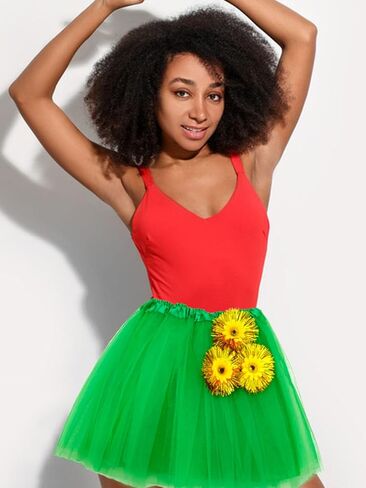 تنورة توتو للسيدات ذات طبقات من التول للرقص تنورة تنورات قصيرة للكبار تنورة توتو عباد الشمس الخضراء لزي الحفلات الأيرلندية (بوليستر، أخضر) in Kuwait