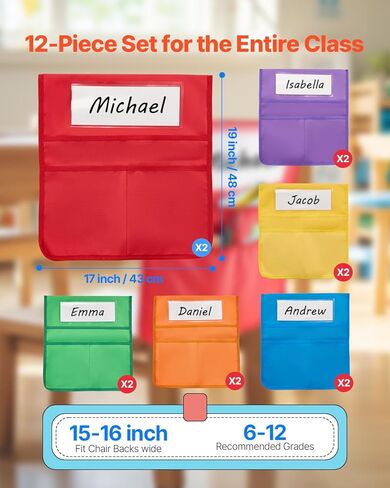 جيوب كرسي Vevor للفصول الدراسية ، 24 حزمة ، 14 × 15 بوصة جيب الأصدقاء مع علامة الاسم ، 6 ألوان زاهية ، خلفية منظم الكرسي للأطفال في الفصل الدراسي ، روضة الأطفال ، المدرسة ، والمنزل in Kuwait