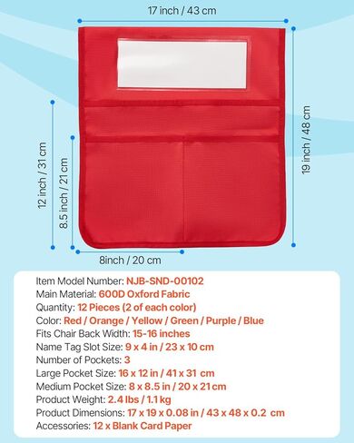 جيوب كرسي Vevor للفصول الدراسية ، 24 حزمة ، 14 × 15 بوصة جيب الأصدقاء مع علامة الاسم ، 6 ألوان زاهية ، خلفية منظم الكرسي للأطفال في الفصل الدراسي ، روضة الأطفال ، المدرسة ، والمنزل in Kuwait