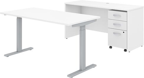 Bush Business Furniture Studio C 60W x 30D Height Adjustable Standing Desk, Credenza and Mobile File Cabinet in White in Saudi Arabia