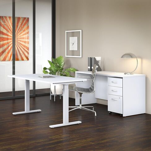 Bush Business Furniture Studio C 60W x 30D Height Adjustable Standing Desk, Credenza and Mobile File Cabinet in White in Saudi Arabia
