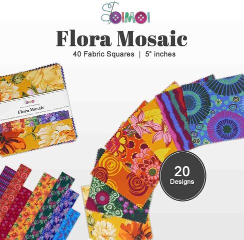 Soimoi 40Pcs 5" x 5" DIY Cotton Fabric Squares, Squares Patchwork, Pre-Cut Quilt Charm Pack, DIY Sewing Quarters Bundle, Quilting Fabric Bundles - Flora Mosaic in Kuwait