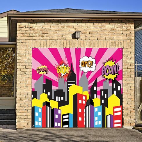 Cartoon Super City Garage Door Cover Banner Decorations Backdrop 7x8ft Superhero Super City Skyline Buildings City Boom Garage Door Cover Kids Birthday Party Cake Table Garage Door Decorations in Saudi Arabia