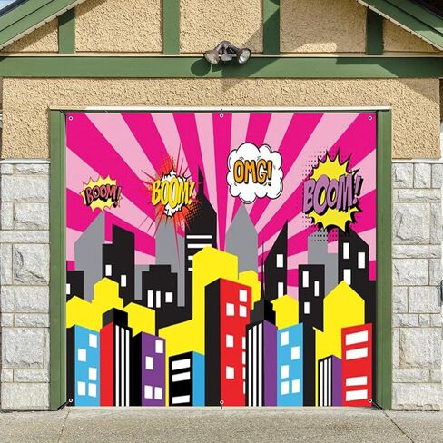 Cartoon Super City Garage Door Cover Banner Decorations Backdrop 7x8ft Superhero Super City Skyline Buildings City Boom Garage Door Cover Kids Birthday Party Cake Table Garage Door Decorations in Saudi Arabia