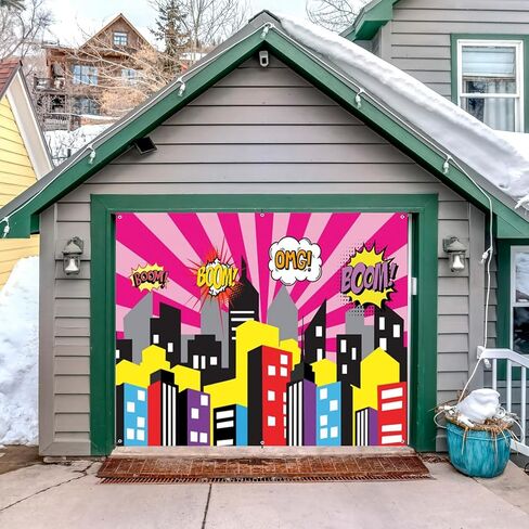 Cartoon Super City Garage Door Cover Banner Decorations Backdrop 7x8ft Superhero Super City Skyline Buildings City Boom Garage Door Cover Kids Birthday Party Cake Table Garage Door Decorations in Saudi Arabia