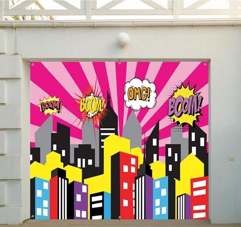 Cartoon Super City Garage Door Cover Banner Decorations Backdrop 7x8ft Superhero Super City Skyline Buildings City Boom Garage Door Cover Kids Birthday Party Cake Table Garage Door Decorations in Saudi Arabia