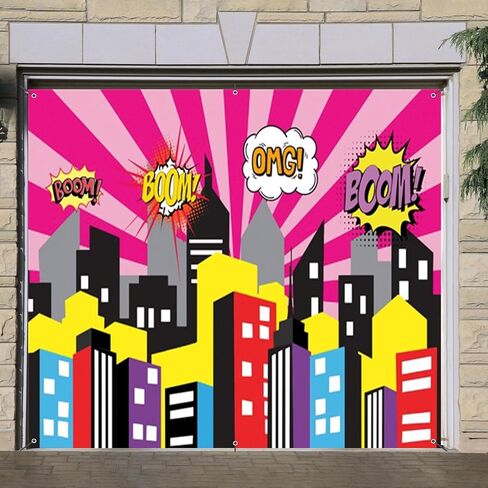 Cartoon Super City Garage Door Cover Banner Decorations Backdrop 7x8ft Superhero Super City Skyline Buildings City Boom Garage Door Cover Kids Birthday Party Cake Table Garage Door Decorations in Saudi Arabia