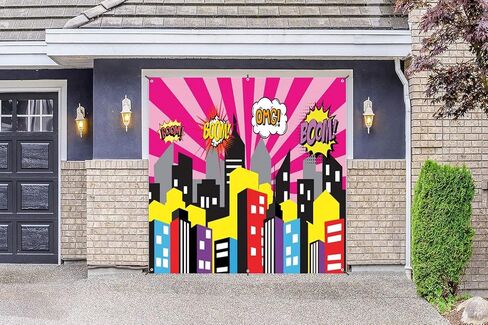 Cartoon Super City Garage Door Cover Banner Decorations Backdrop 7x8ft Superhero Super City Skyline Buildings City Boom Garage Door Cover Kids Birthday Party Cake Table Garage Door Decorations in Saudi Arabia